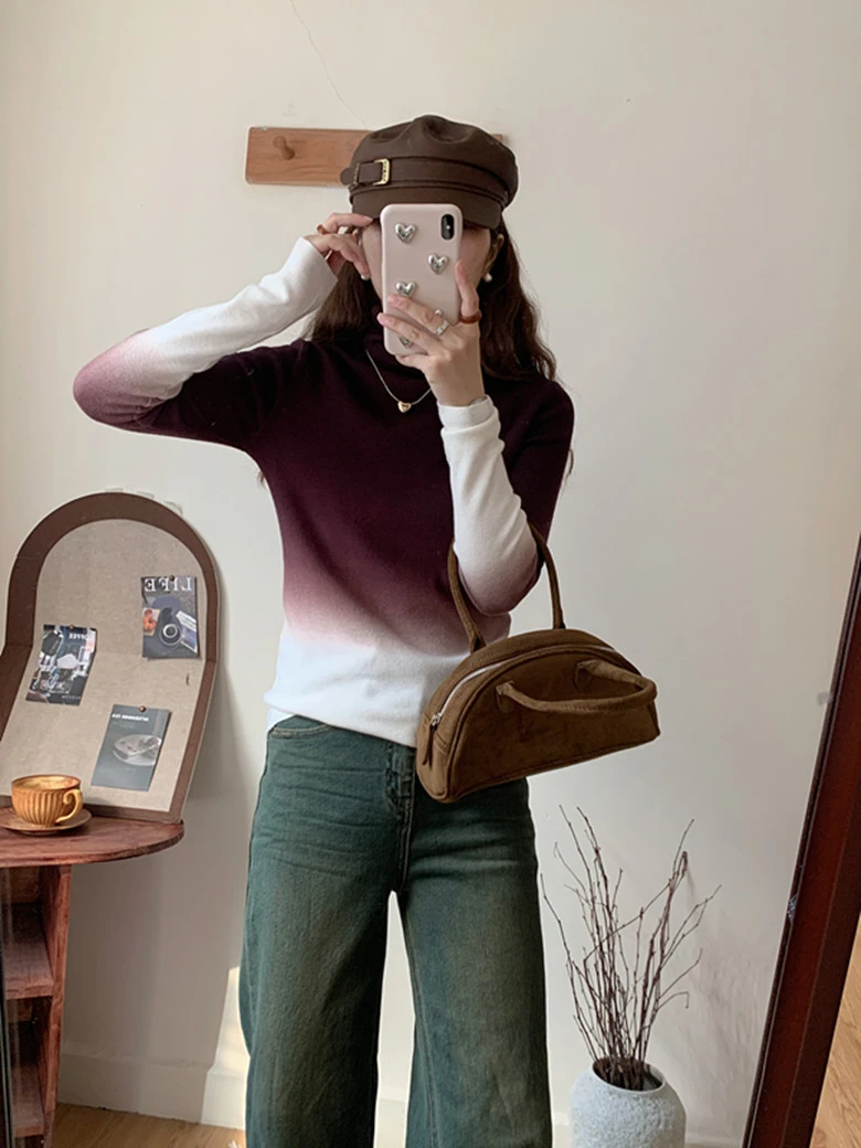 2023早秋新款高级感渐变色上衣女设计感高领针织打底内搭修身显瘦