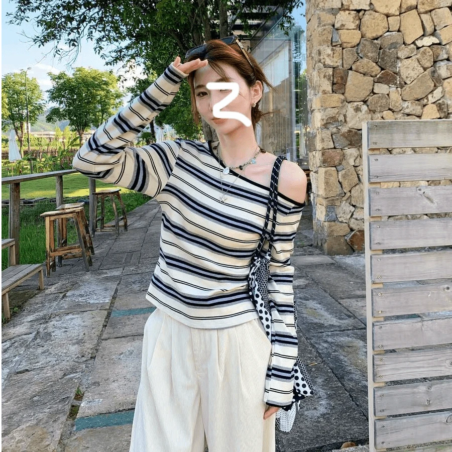 早秋新款斜肩露肩条纹长袖t恤女百搭打底衫甜美辣妹简约修身上衣