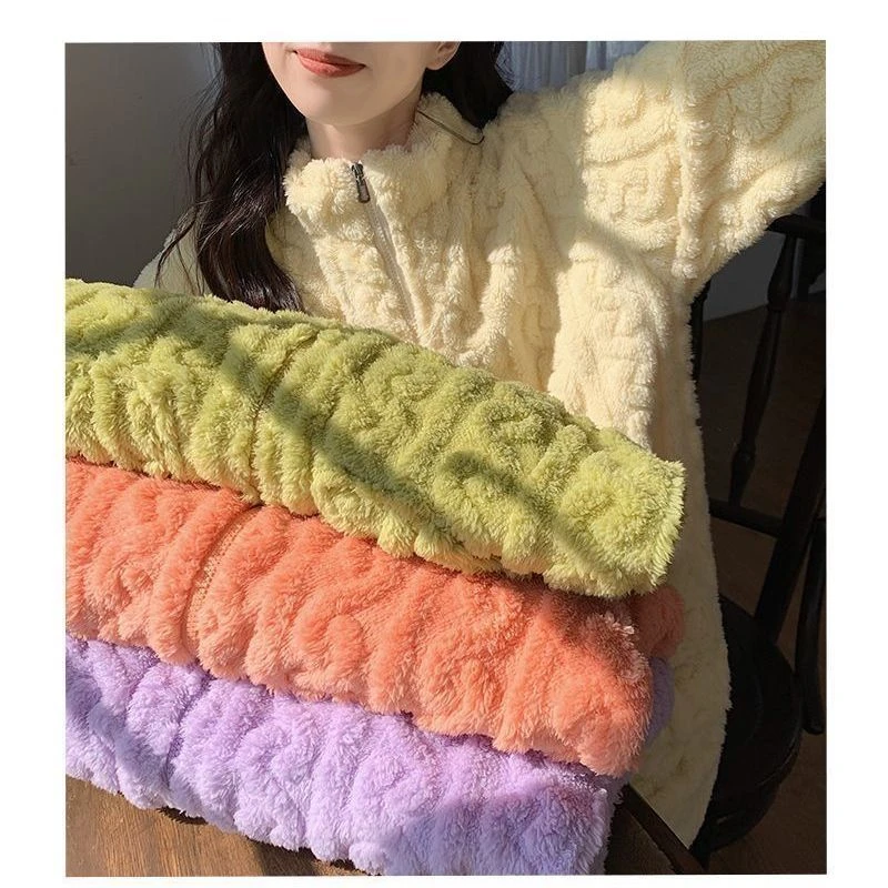 珊瑚绒睡衣女秋冬季拉链开衫加绒加厚法兰绒可外穿保暖家居服套装