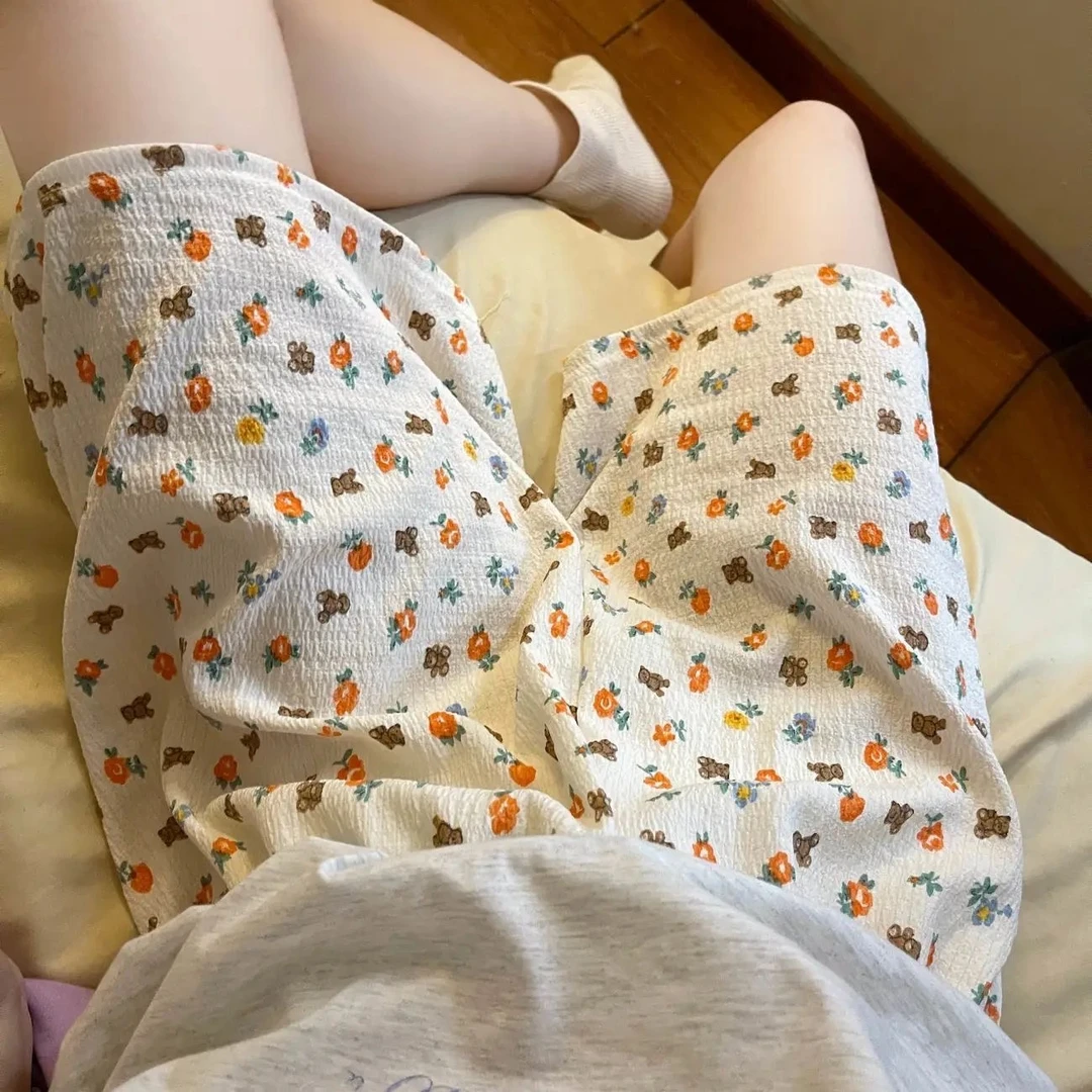 夏季卡通ins印花小熊睡觉短裤少女新款薄款休闲居家可外穿家居裤
