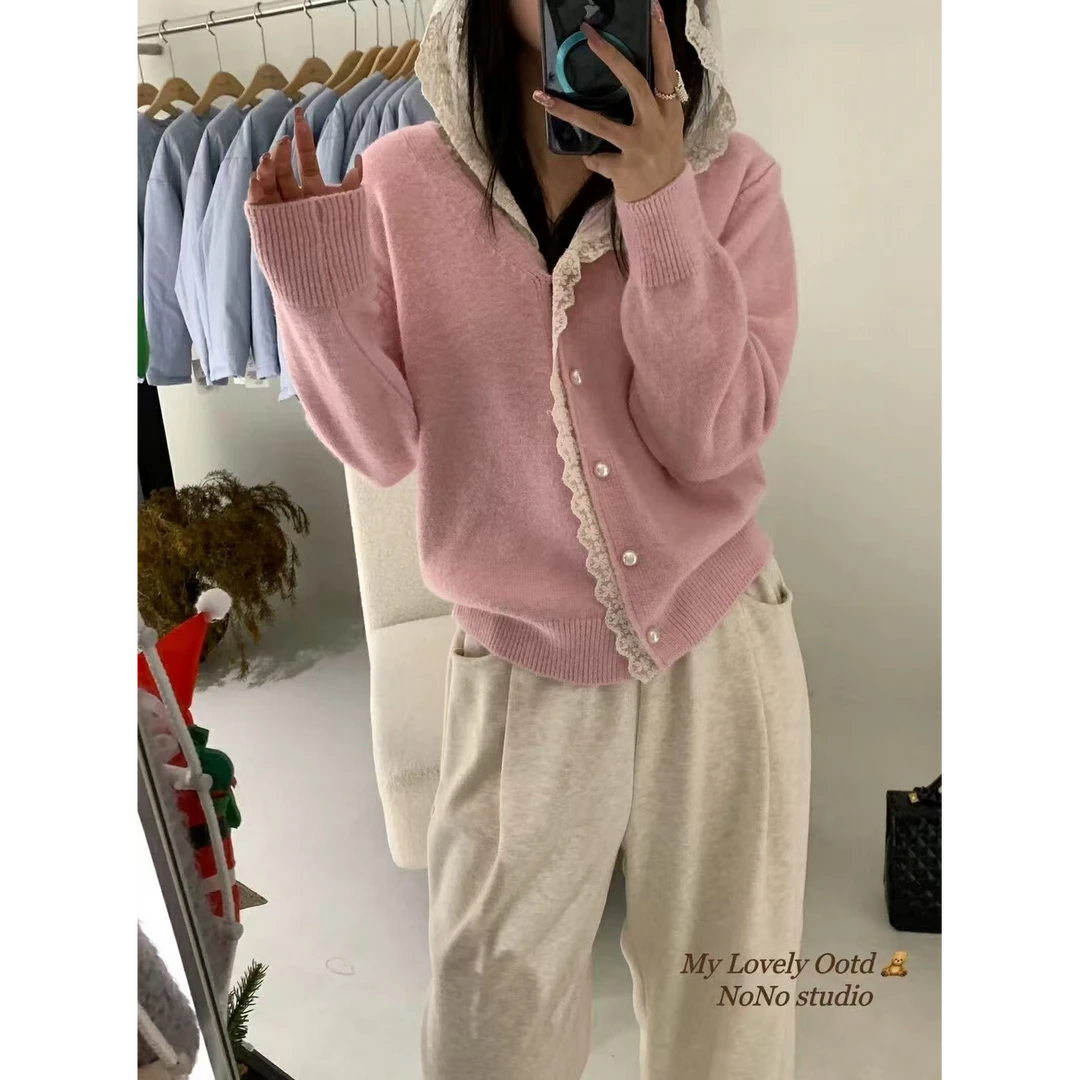 【蜜爷家】珍珠扣蕾丝帽毛衣开衫5128#