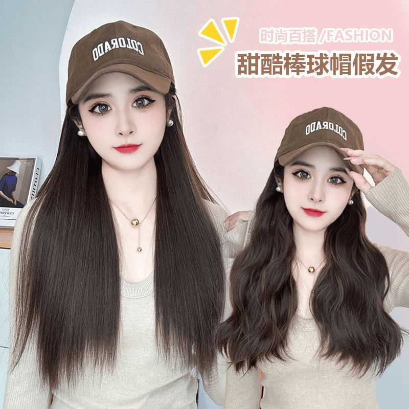 帽子假发一体气质字母棒球帽女新款长卷发网红鸭舌帽