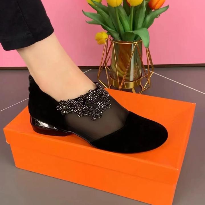 2024秋季新款时尚网纱单鞋女新款低跟镂空透气粗跟水钻磨砂单鞋