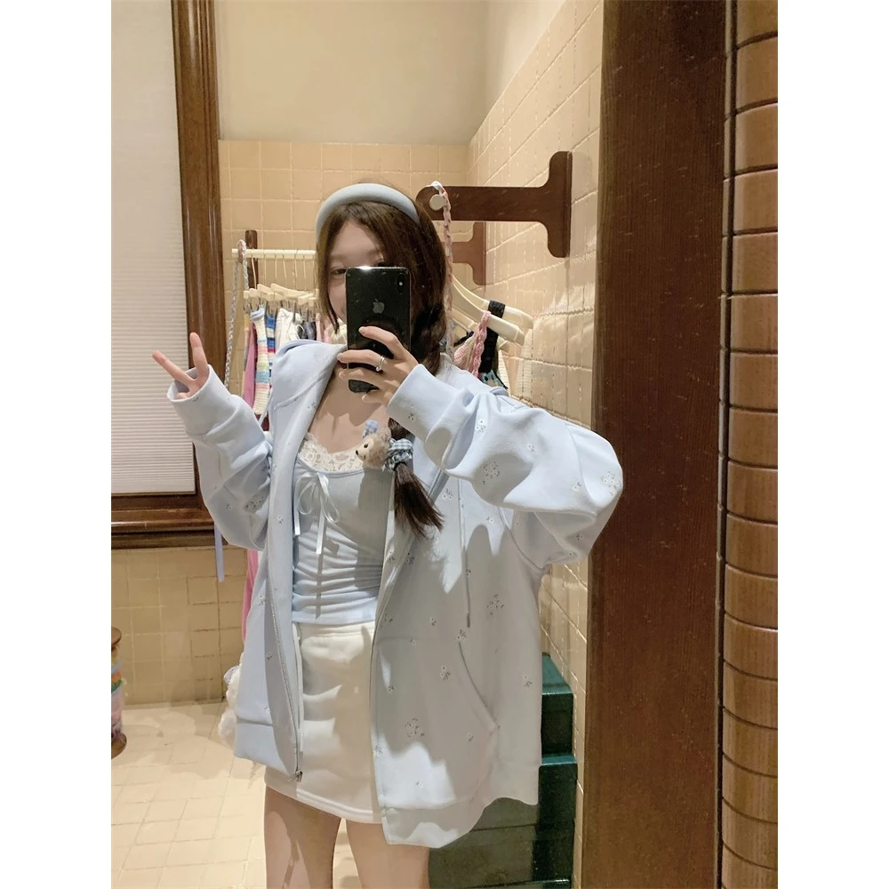 蓝色连帽长袖卫衣外套女早秋新款纯欲风中长款设计感宽松碎花上衣