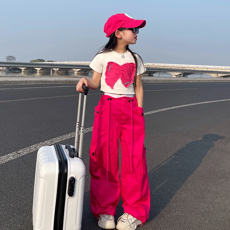 女童工装裤2025春夏新款6-12岁15岁儿童蝴蝶短袖多巴胺阔腿工装裤