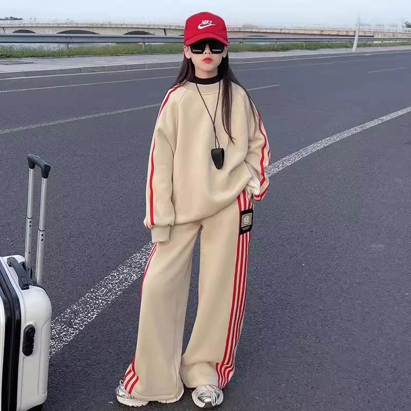 女童装时髦运动套装秋冬季洋气中大童小女孩休闲卫衣加绒两件套潮