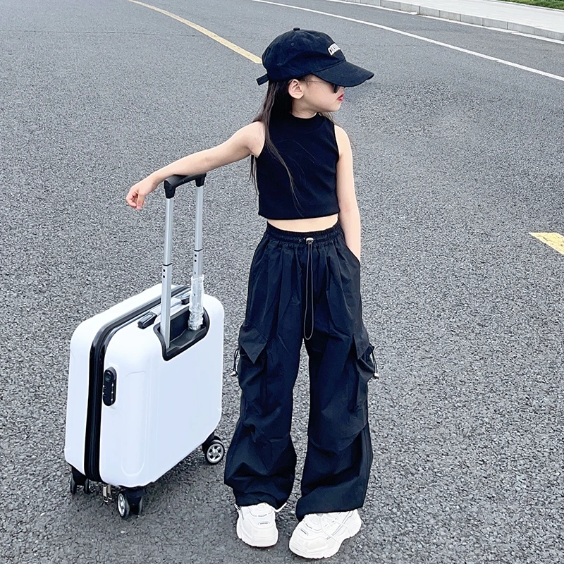 2025夏季新款男女儿童工装裤高阶休闲街舞运动背心宽松紧腰长裤子