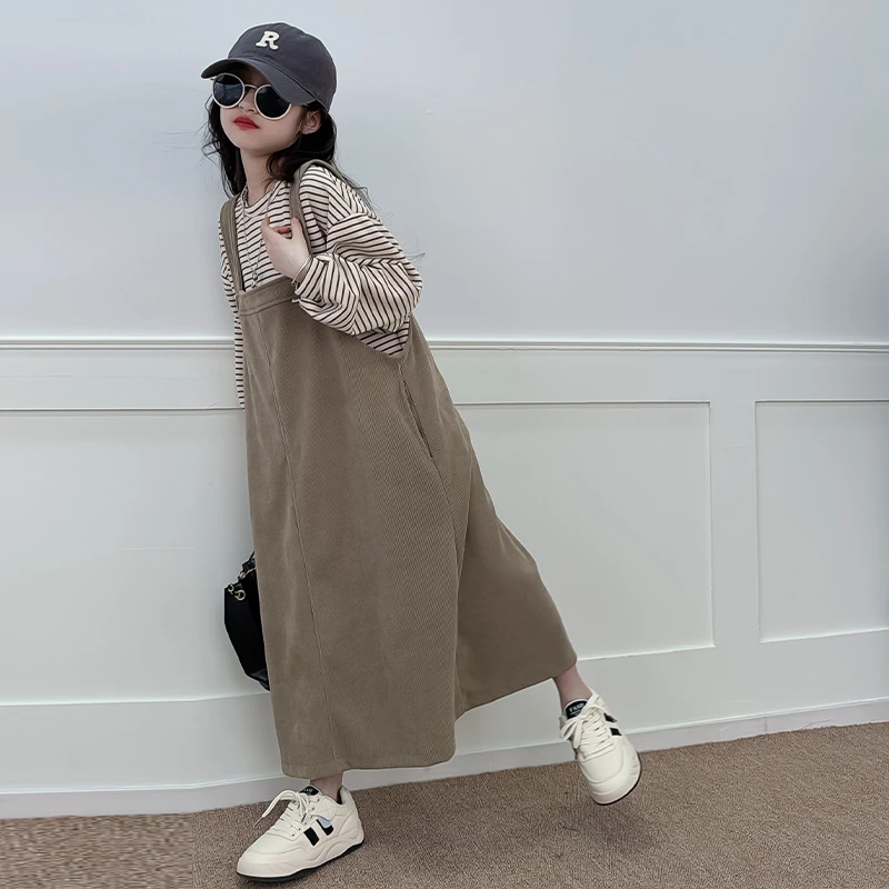 女童春季长袖条纹打底衫2024新款韩系儿童装时髦背带裙春装两件套