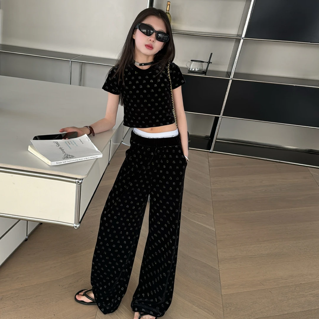 女童短袖烫钻套装2024新款夏儿童短款t恤中大童阔腿裤美式两件套