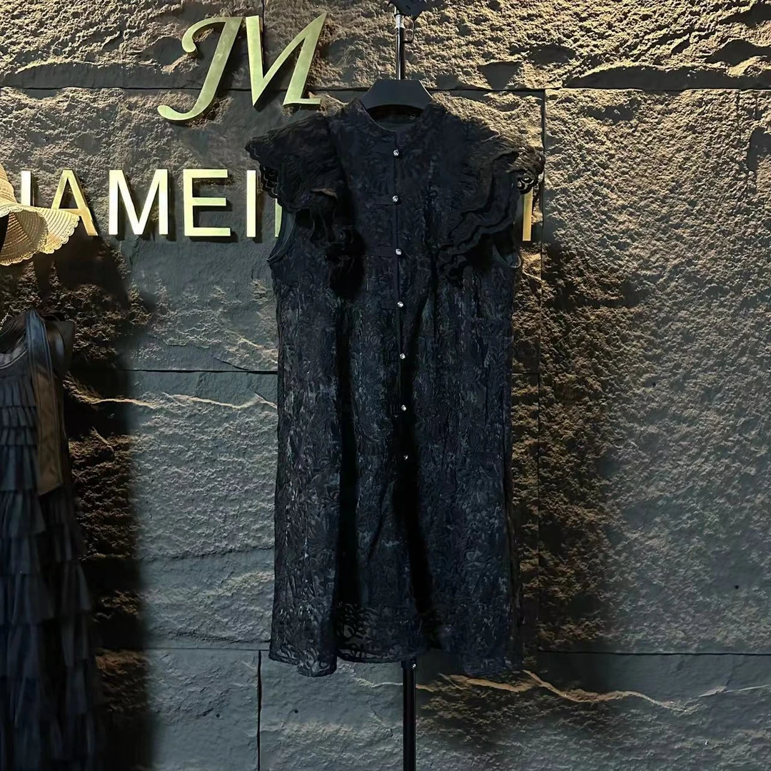 新款现货重工蕾丝飞边袖轻奢显瘦连衣裙1061-2