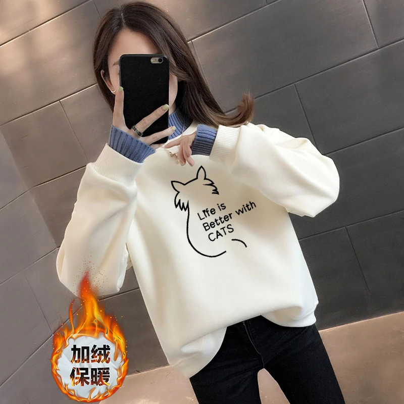 加绒保暖衫高领无帽毛领卫衣秋冬百搭时尚新款韩版宽松假两件上衣