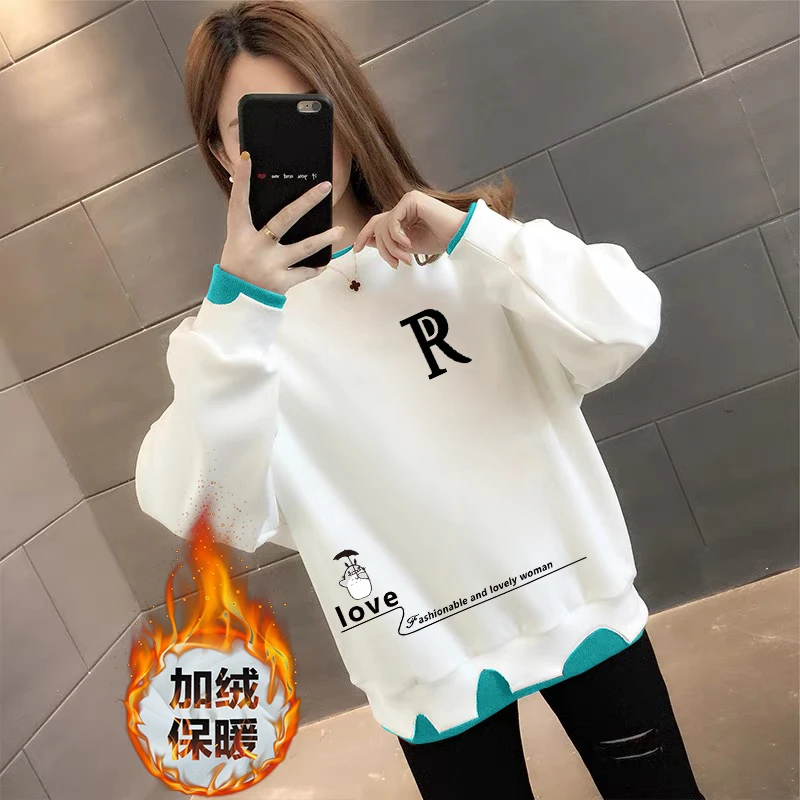 秋冬季加绒加厚保暖破洞假两件套头卫衣洋气显瘦减龄休闲百搭上衣