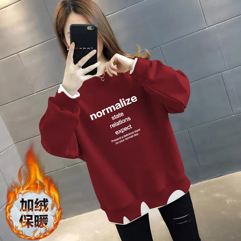 卫衣新款加绒加厚安可拉红色保暖女卫衣显瘦减龄假两件休闲上衣潮