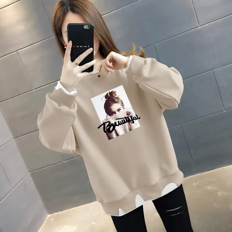 早秋装假两件圆领卫衣2026新款宽松时尚百搭春秋无帽上衣女小个子