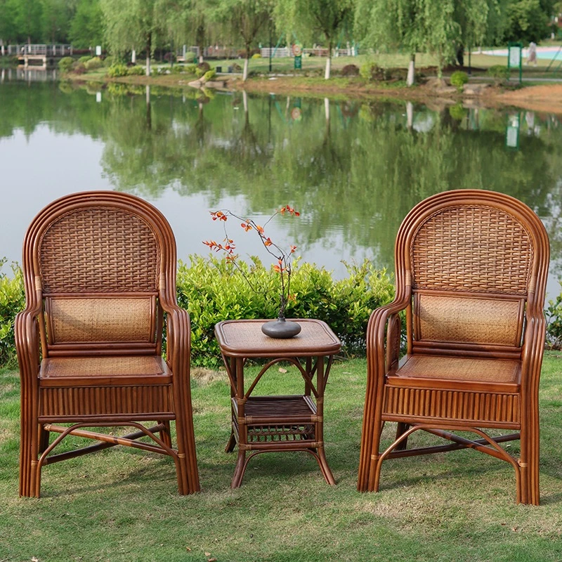 梓藤罗天然藤椅子靠背椅老人椅单人椅休闲藤编椅桌椅阳台三件套