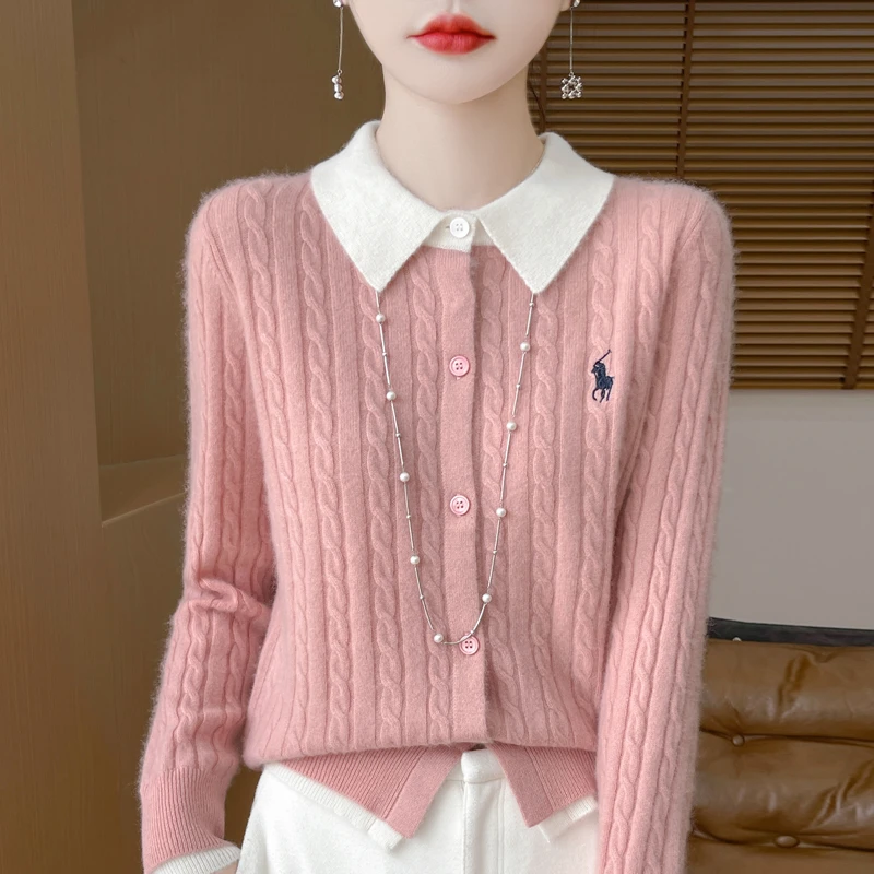 品牌秋冬款羊衫女假两件刺绣翻领针织开衫宽松毛衣打底衫短款外套