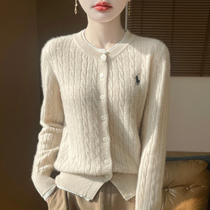 品牌女装正品2024秋冬新款螺纹麻花时尚刺绣针织衫打底开衫毛衣