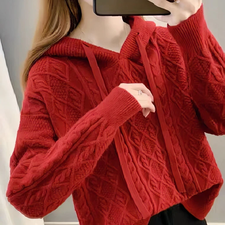 连帽针织衫重工麻花韩版加厚慵懒风秋冬时尚百搭潮洋气显瘦帽衫女