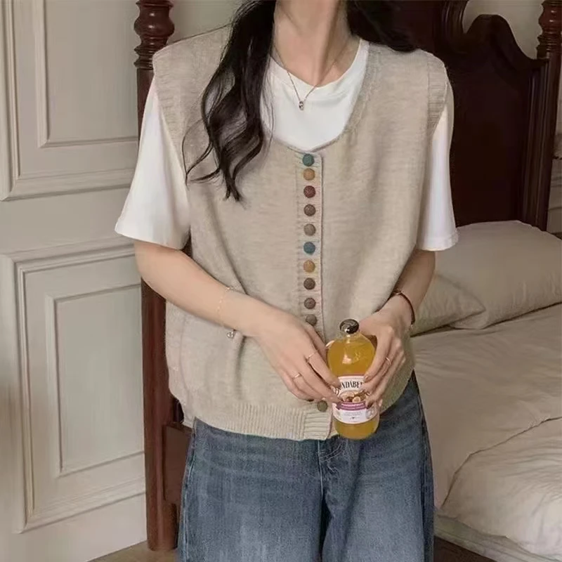 早秋新款英伦外搭单排彩扣开衫背心百搭学院风休闲慵懒毛针织衫