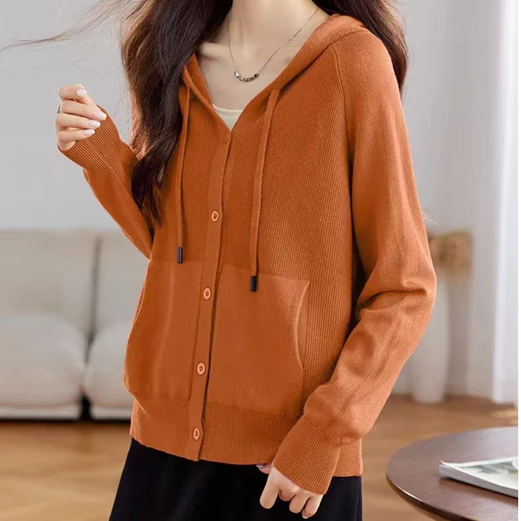 2025新款双拉链连帽针织开衫时尚洋气休闲宽松百搭慵懒风纯色女款