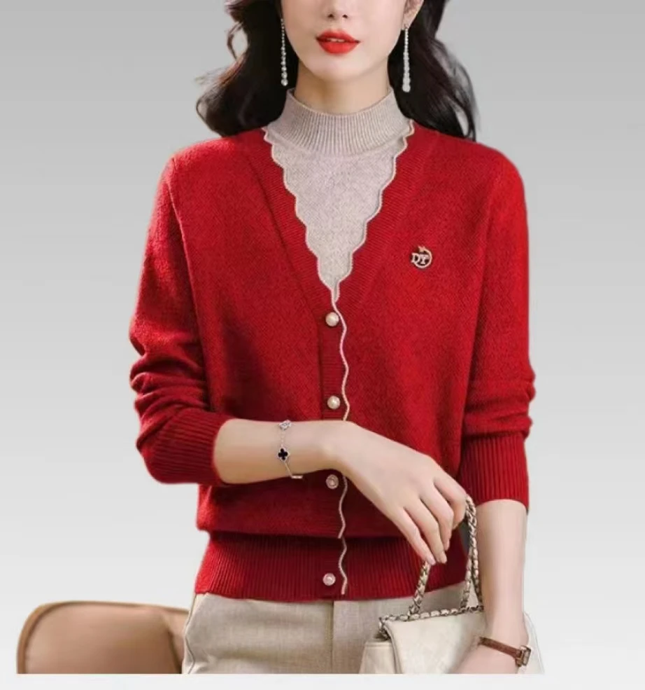 秋冬新款加厚时尚洋气提花高贵百搭半高领保暖套头假两件针织衫女