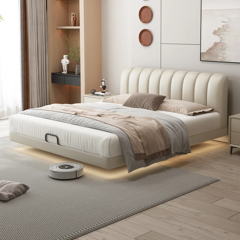 摩作软包真皮悬浮床意式极简真皮床主卧轻奢现代齐边床实木软包床