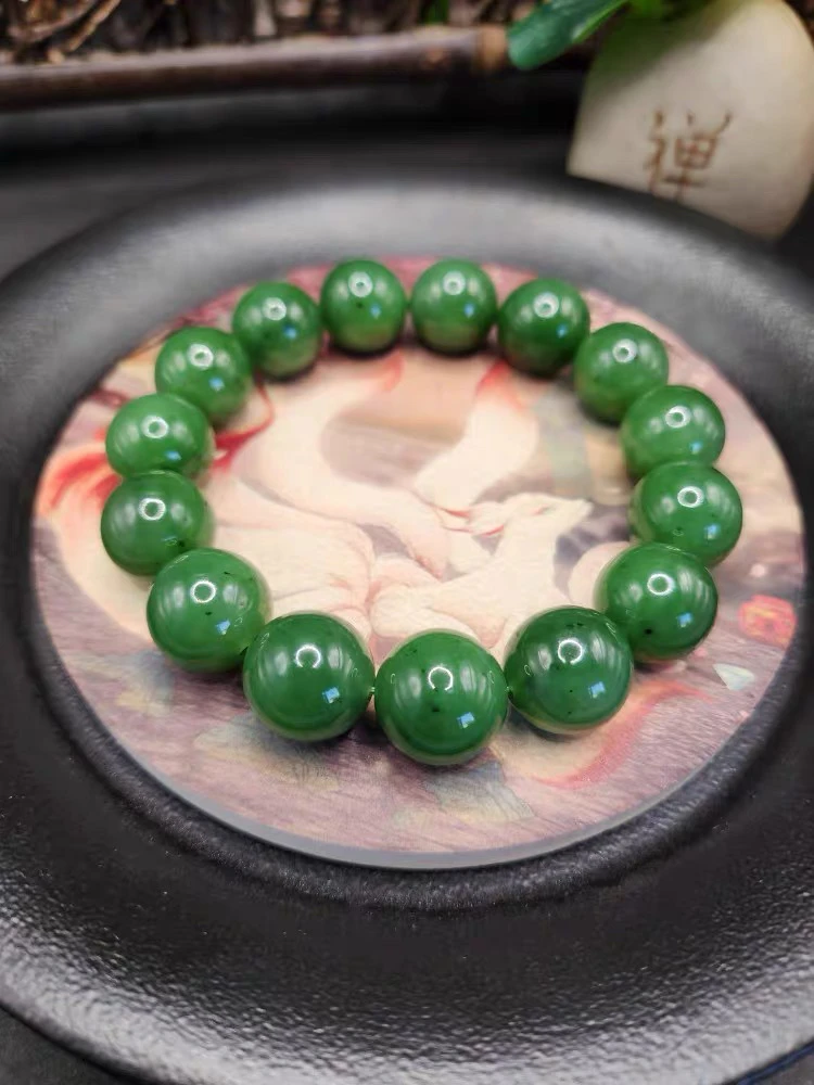 天然和田玉碧玉菠菜绿手串14mm