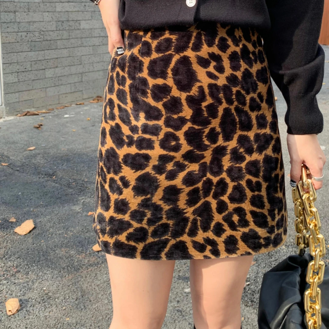 谢新9162新款复古豹纹磨毛半身裙女士修身A字裙百搭显瘦秋裙子
