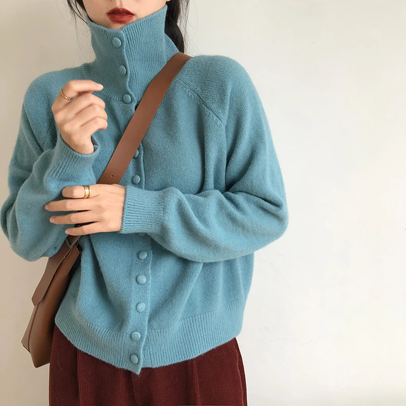 高领针织开衫女2024秋冬季新款复古韩系慵懒风高级感毛衣外套
