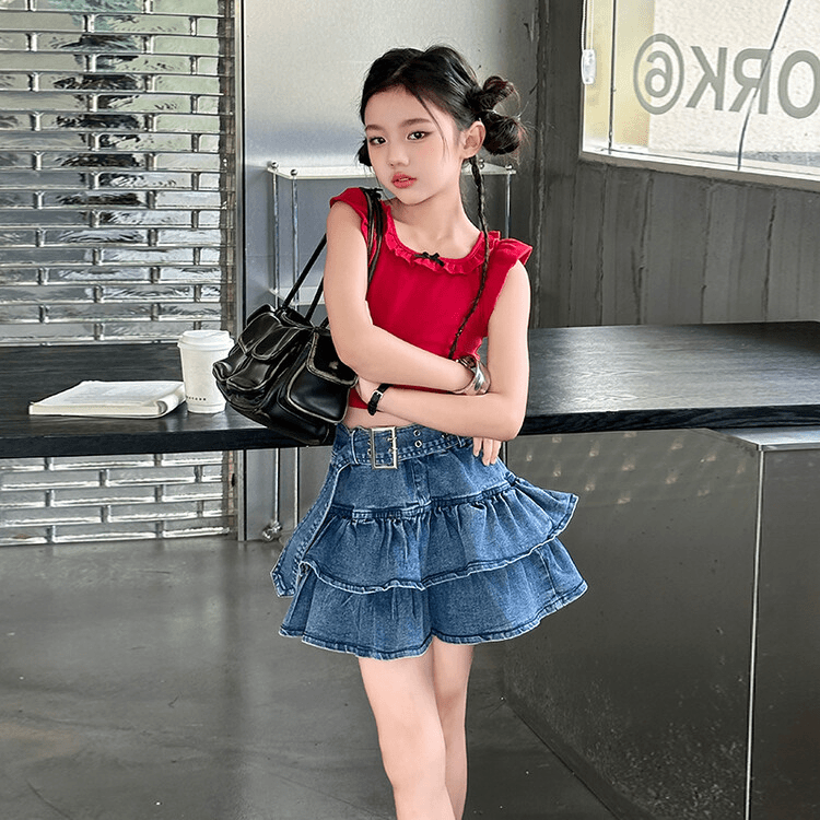 女童2024夏季高腰牛仔裙设计感小众裙子辣妹风荷叶边牛仔裙套装
