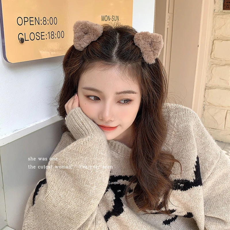 乖甜猫耳朵～三角形毛毛奶咖可爱刘海夹子高马尾抓夹后脑勺鲨鱼夹