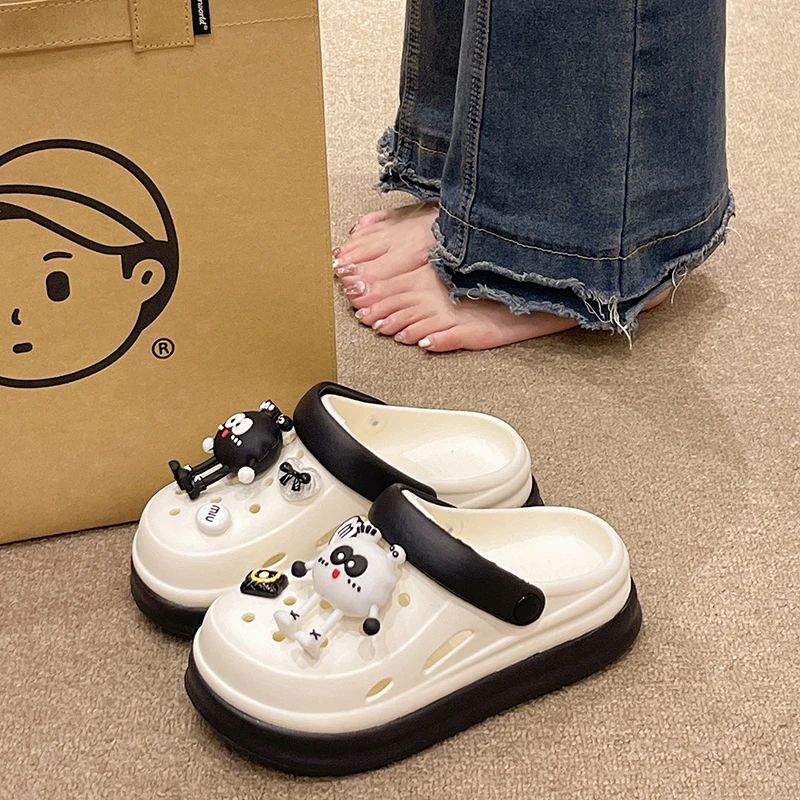 可爱洞洞鞋女2024夏季新款防滑外穿厚底增高踩屎感包头沙滩凉拖鞋