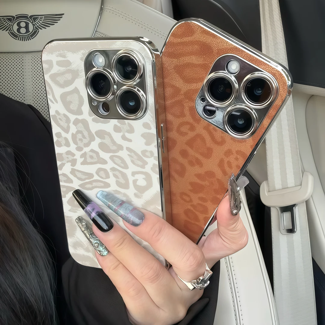 欧克里里高品质豹纹ins辣妹苹果16皮质电镀框适用iphone15/14全包