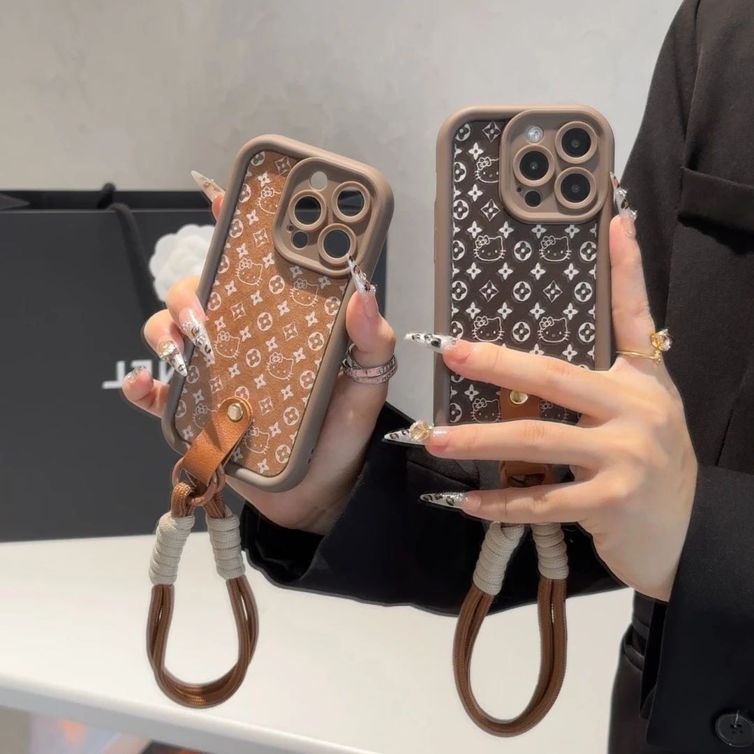 复古印花Kitty适用苹果16/15手机壳华为p70/vivo软oppo挂绳小米14