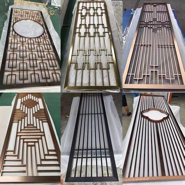 不锈钢现代玄关客厅铁艺屏风隔断酒店钛金镂空格栅背景墙专业