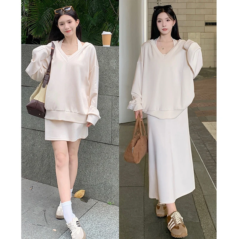 大码2024秋季新款韩系高级感卫衣设计感显瘦收腰吊带裙洋气两件套