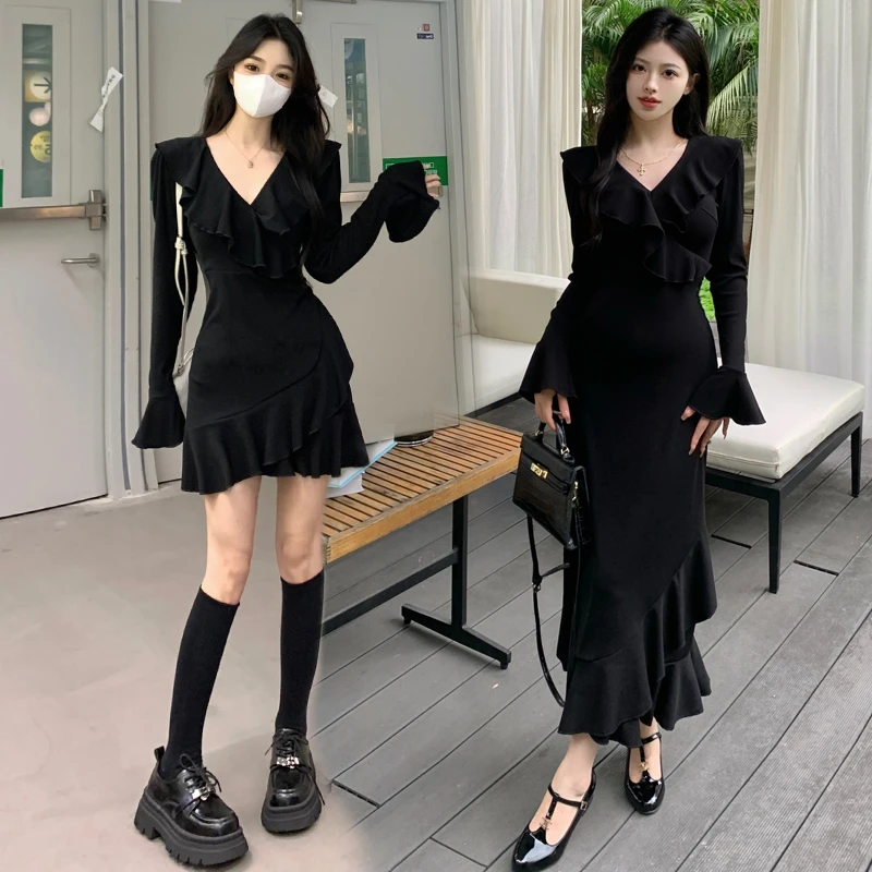 大码早秋赫本风黑色v领连衣裙高级感纯欲风收腰显瘦鱼尾裙长短款