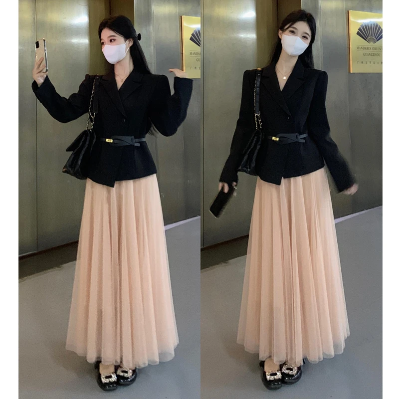 大码秋冬新不对称设计感休闲显瘦西装外套腰带网纱裙半裙洋气穿搭