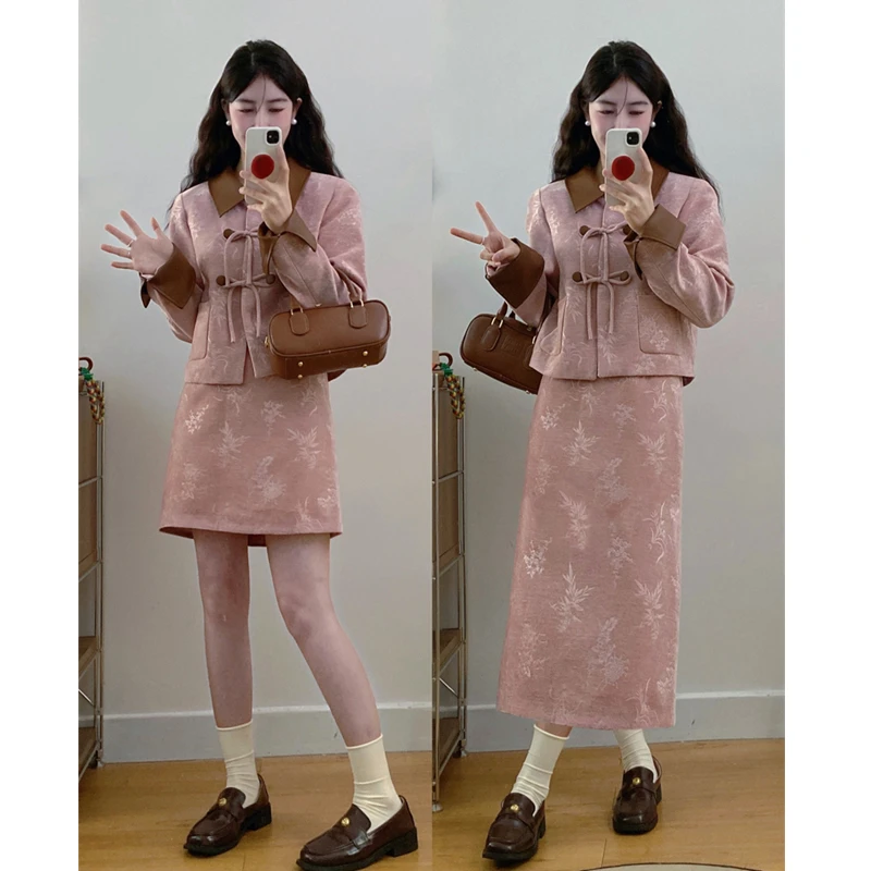 大码秋冬新款胖MM新中式皮拼接小香风粉色外套半身裙洋气两件套