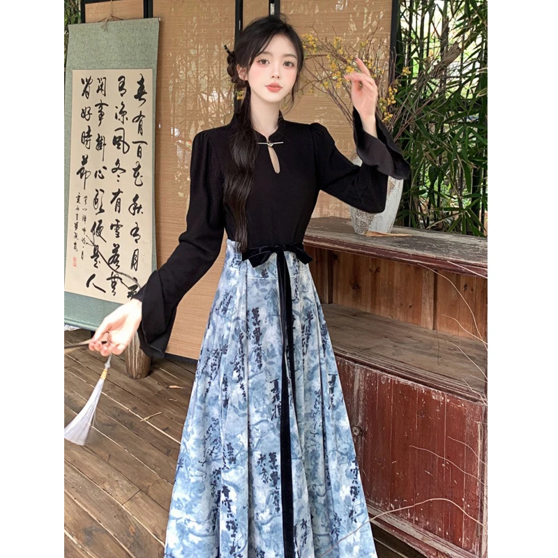 大码国风新中式假两件书法水墨画秋冬针织拼接丝绒中长气质连衣裙