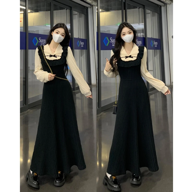 大码女装2024秋冬法式拼接假两件复古小黑裙显瘦针织打底连衣裙