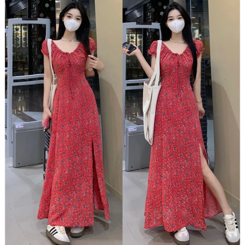 大码女装法式优雅气质碎花下摆开叉收腰显瘦V领连衣裙温柔长裙子