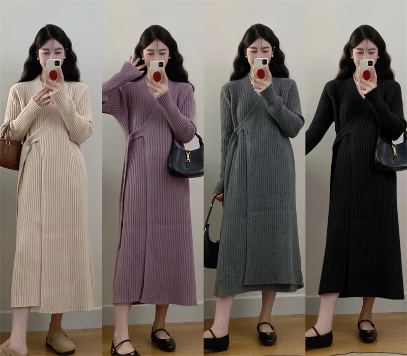 大码秋冬新款胖MM时尚温柔风简约V领针织打底毛衣连衣裙气质裙子