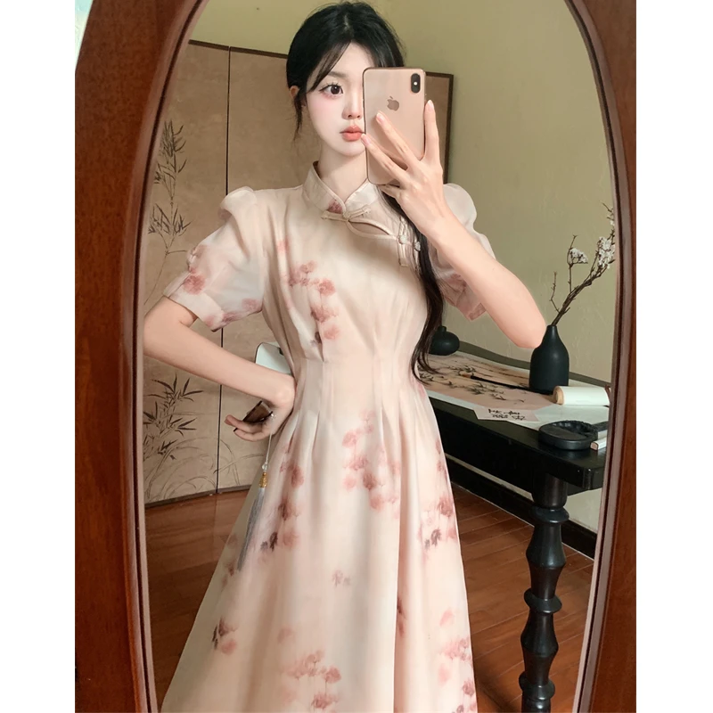 大码胖mm夏季新款新中式国风收腰显瘦旗袍改良连衣裙长裙女