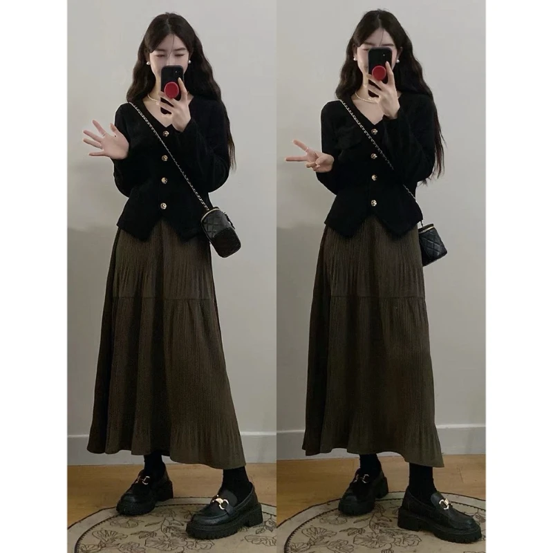 大码女装胖mm秋冬新款长袖百搭气质小香风上衣半身裙法式套装裙