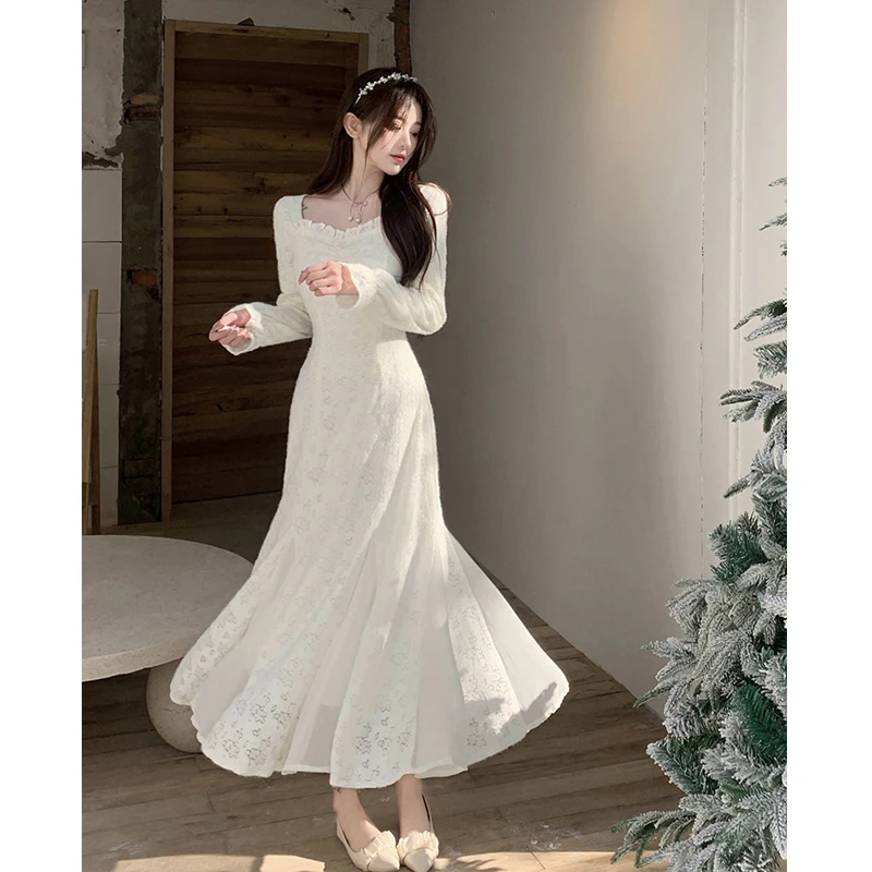 大码女装法式气质温柔风磨毛蕾丝加绒加厚修身显瘦减龄百搭连衣裙