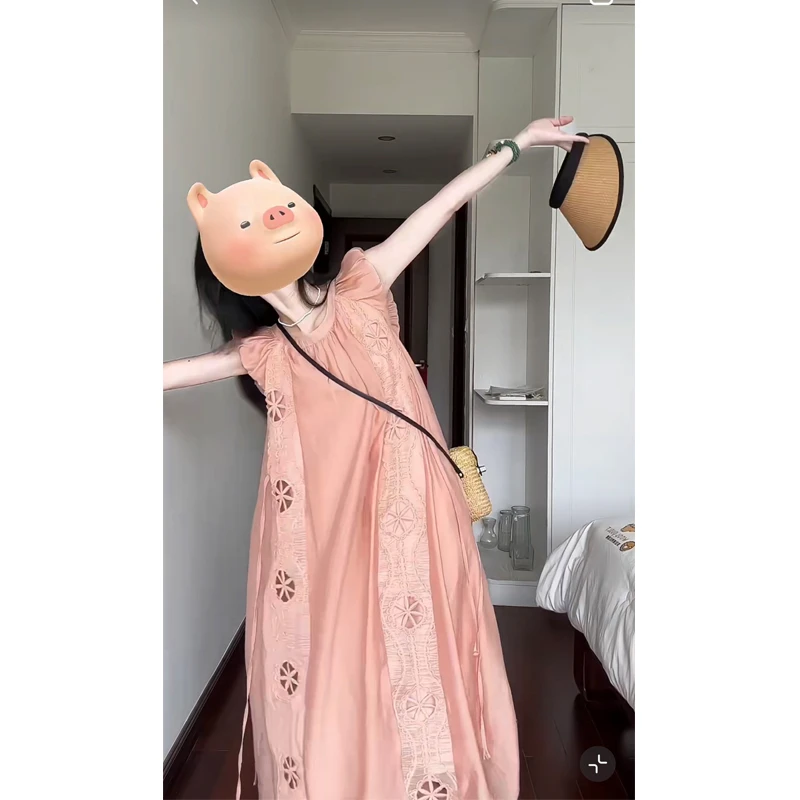 大码【缪斯重工】夏季中长款小飞袖连衣裙刺绣蕾丝花边仙女小裙子