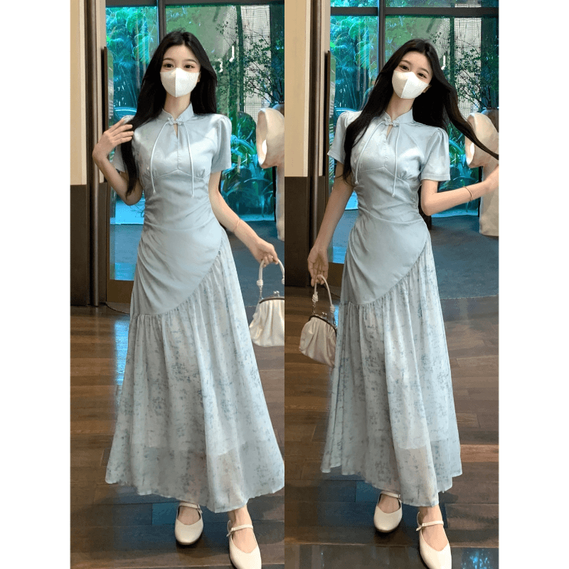 大码胖mm提花缎面新中式连衣裙女2024夏季新款微胖大码国风裙子女