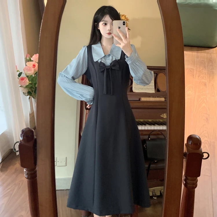 大码学院风蝴蝶结拼色假两件长袖连衣裙2024秋文艺风胖mm减龄裙子