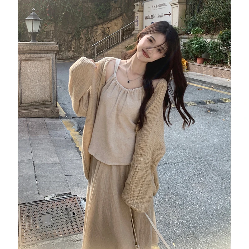 大码女装新中式舒适挂脖背心半身裙慵懒开衫显瘦气质裙子2024春季